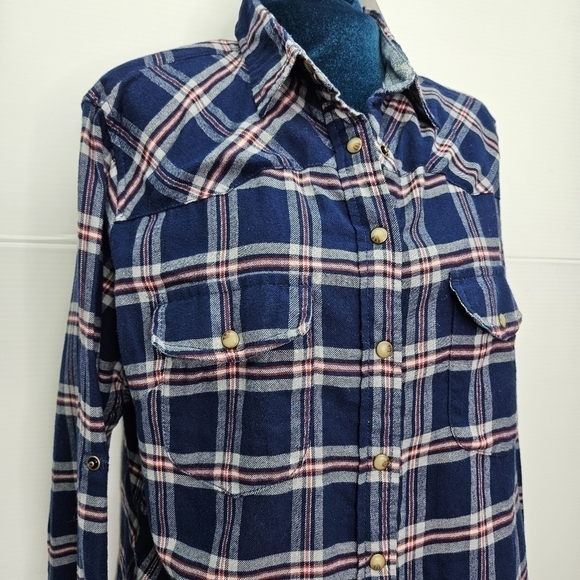 Jachs Girlfriend Shirt Medium Flannel Snap Front Long Sleeve Blue Plaid BEA NWT - Picture 5 of 9